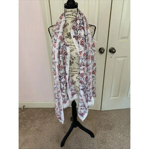 Ann Taylor LOFT Floral Print Raw Hem‎ Scarf Shawl Beige Red Purple  26X74 NWT